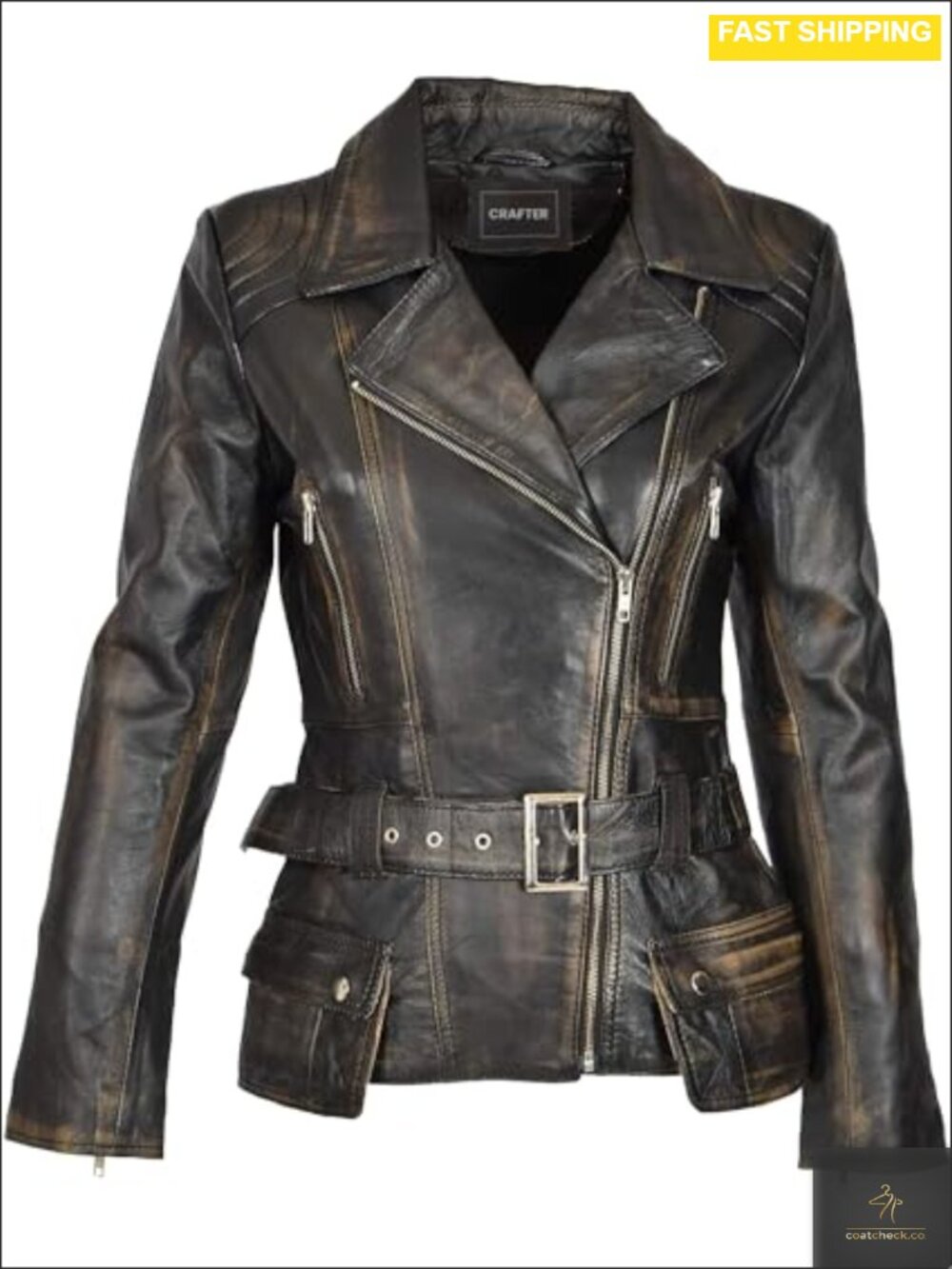 Genuine Lambskin Leather Jacket Women Moto Biker Zip Pockets Slim Fit